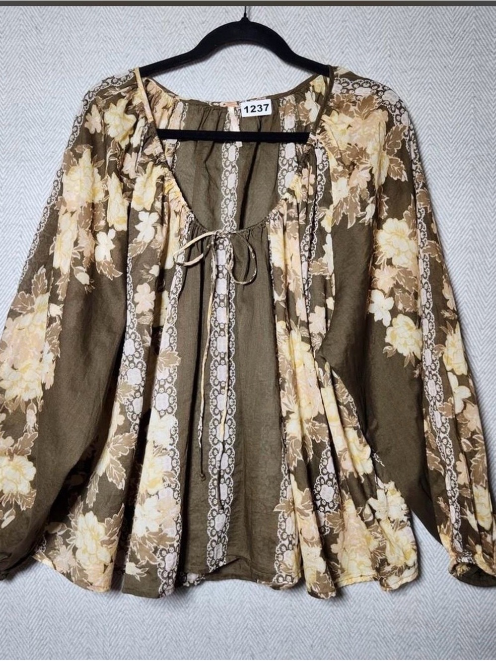 Free People Olive and Cream Floral Tie-Front Peasant Top